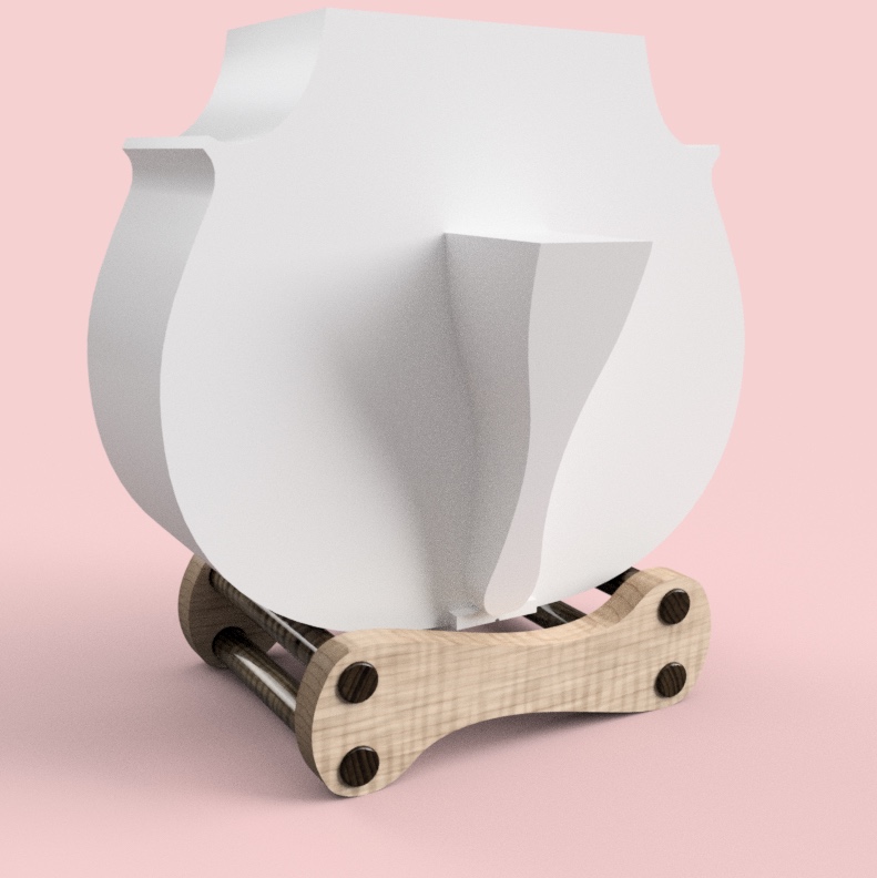 The Asymmetrical bass stand design — the selected bow-tie profile in maple and walnut