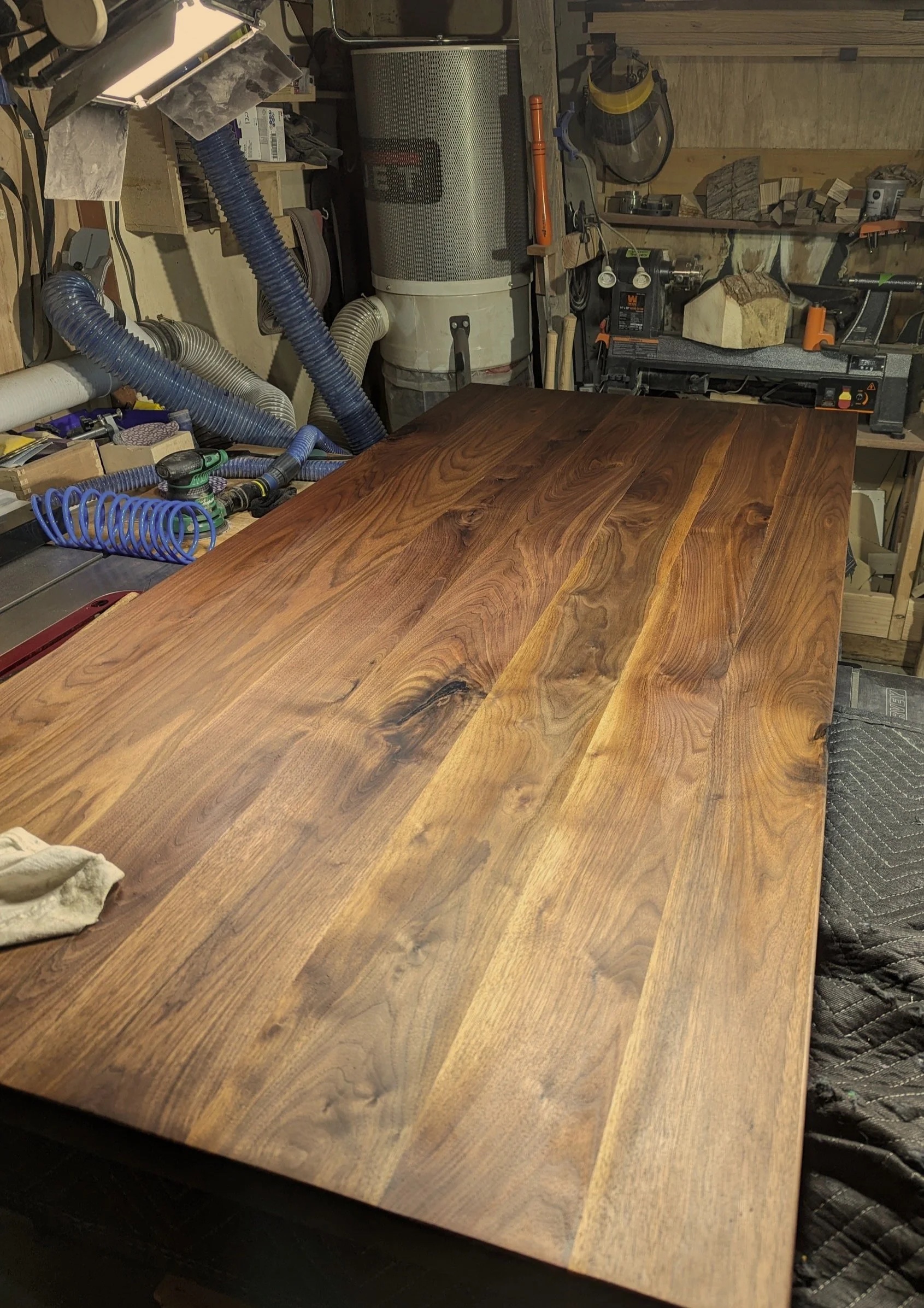 Finished walnut tabletop — oiled and glowing in the workshop