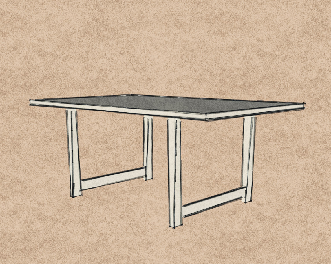 SketchUp render of the final table design — Hvidt-inspired leg structure with sharp contemporary lines