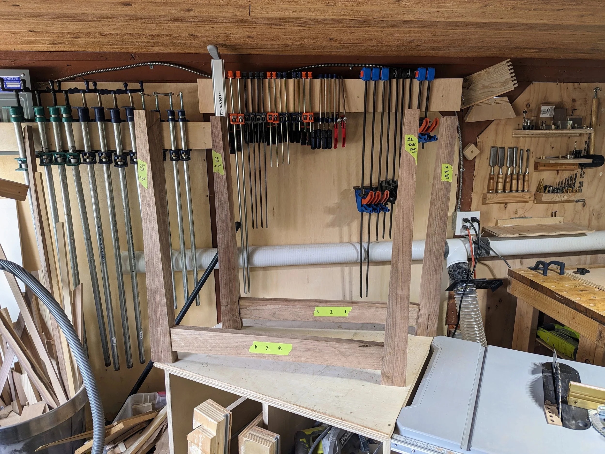 Leg frame assembly in the workshop — Hvidt-inspired structure taking shape