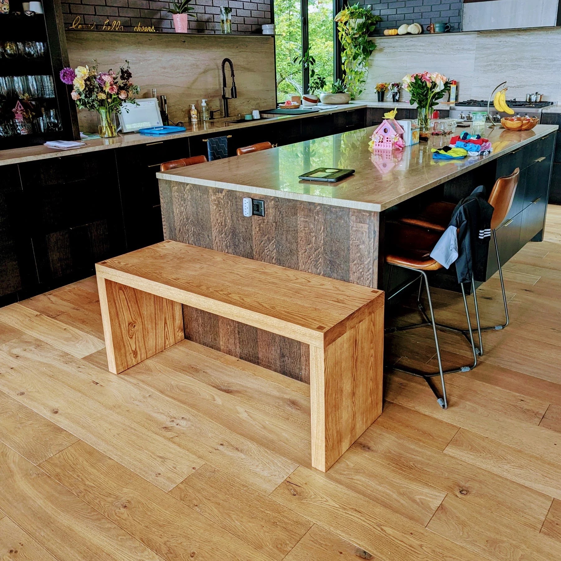 Chocolate Pecan bench in its forever home — angle 1