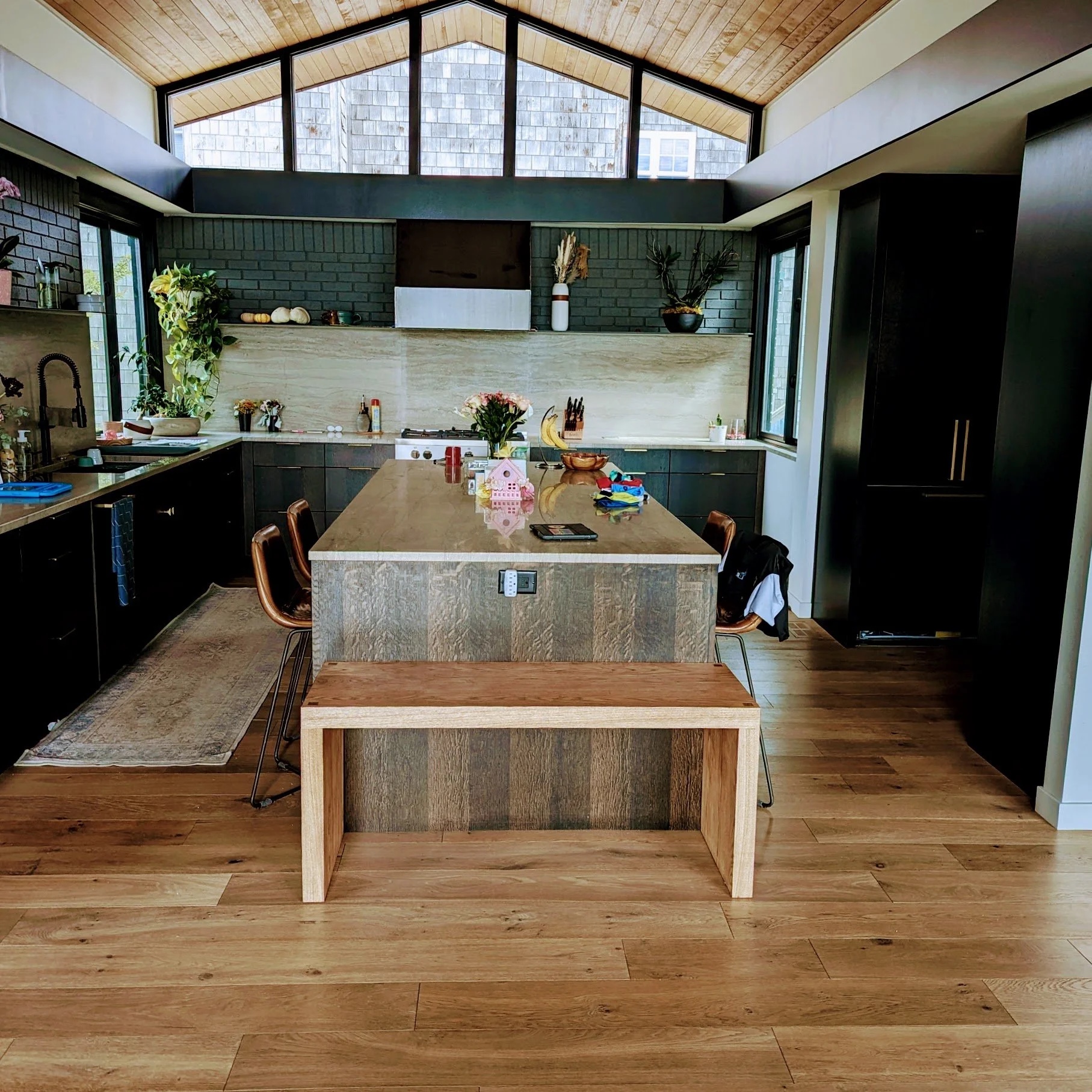 Chocolate Pecan bench in its forever home — angle 2