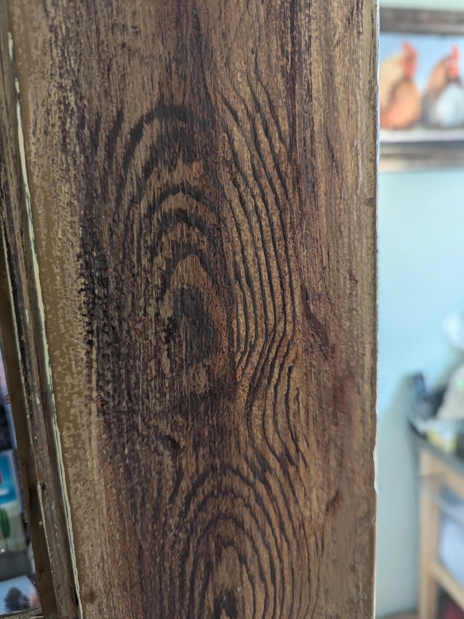 Old-growth pine grain revealed after stripping — knots and character marks visible