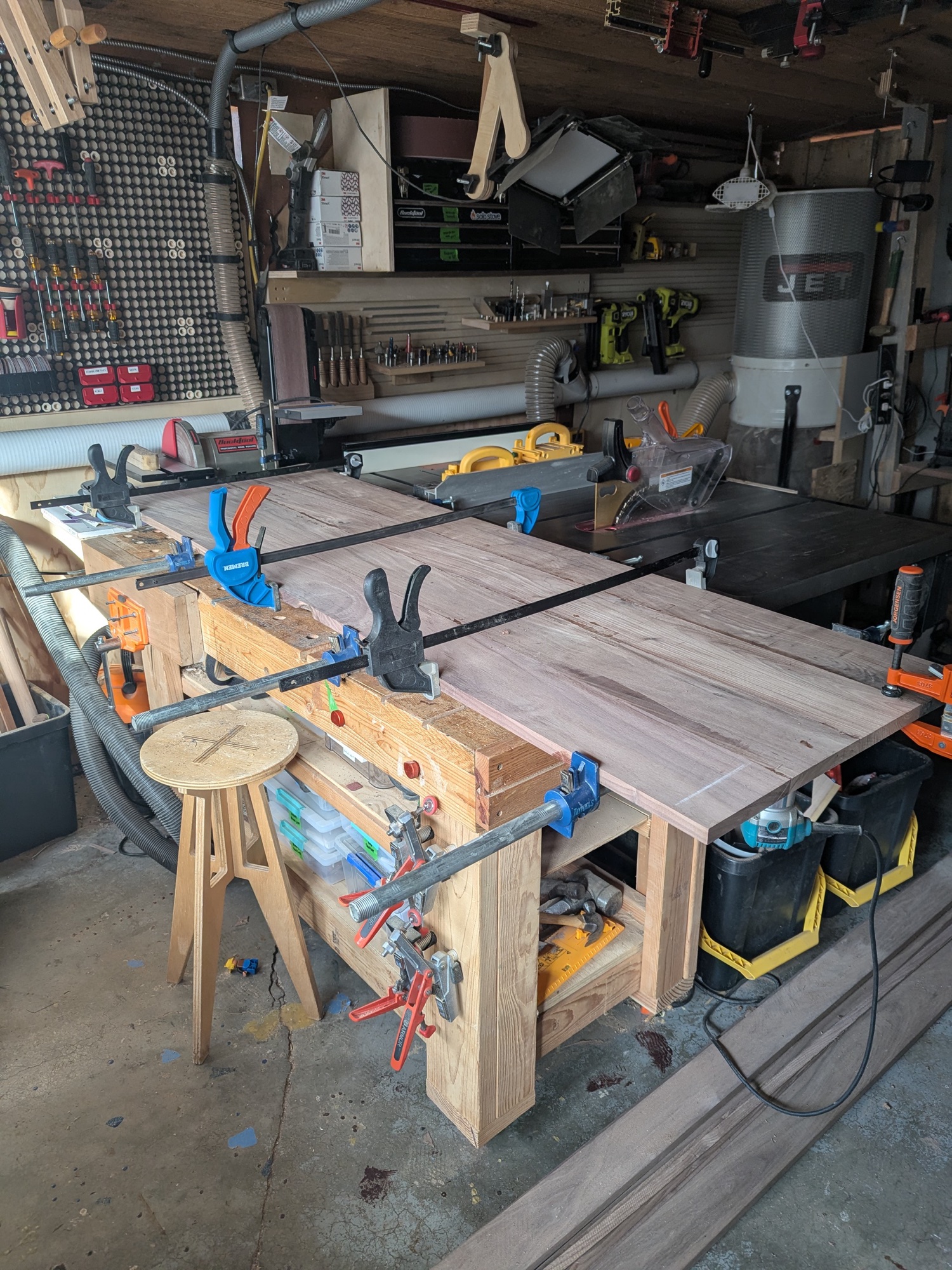 Walnut panel glue-up with bar clamps on the workbench