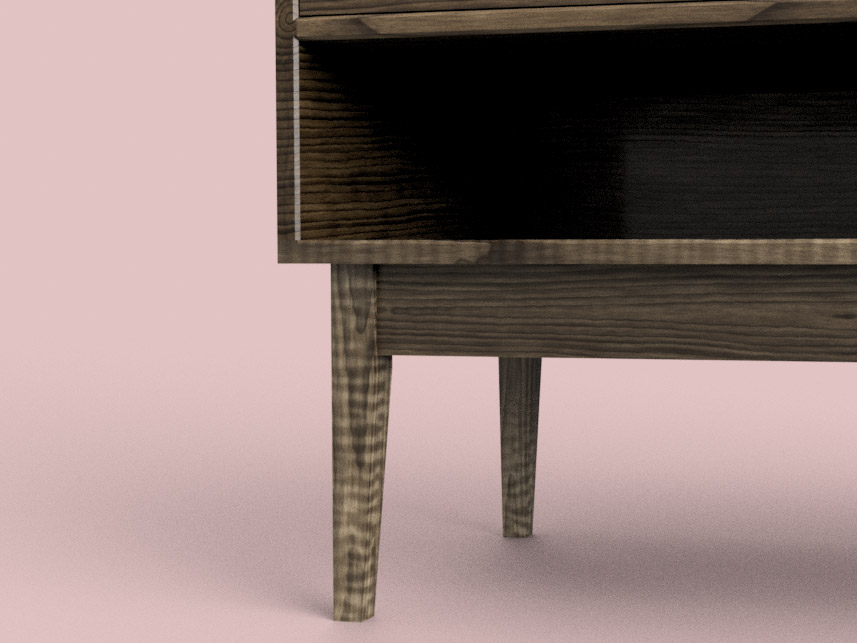 Detail render — tapered walnut legs and open electronics bay