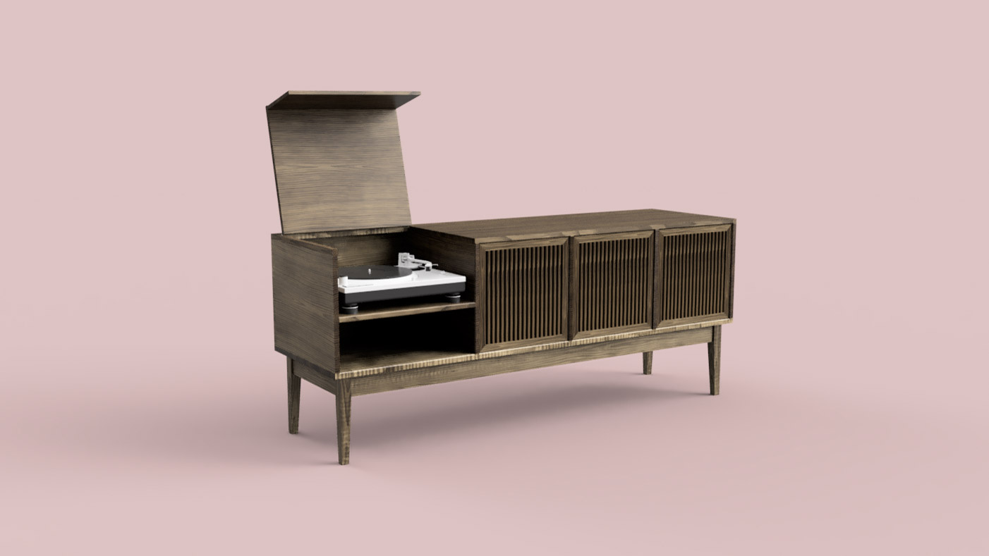 Las Patas — custom walnut record credenza with flip-top turntable bay open, revealing a Technics 1200