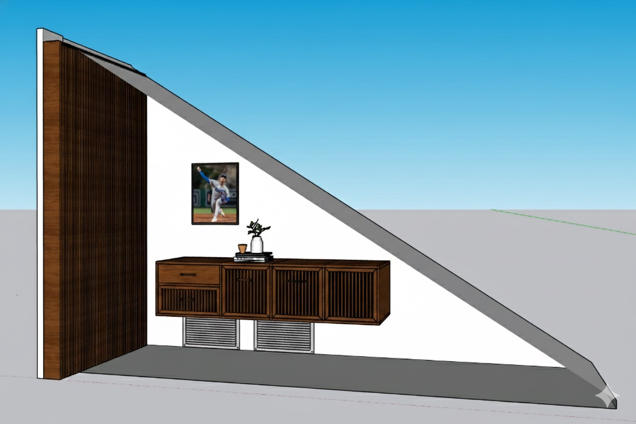 3D render of The Nook concept — slatted sliding door under staircase