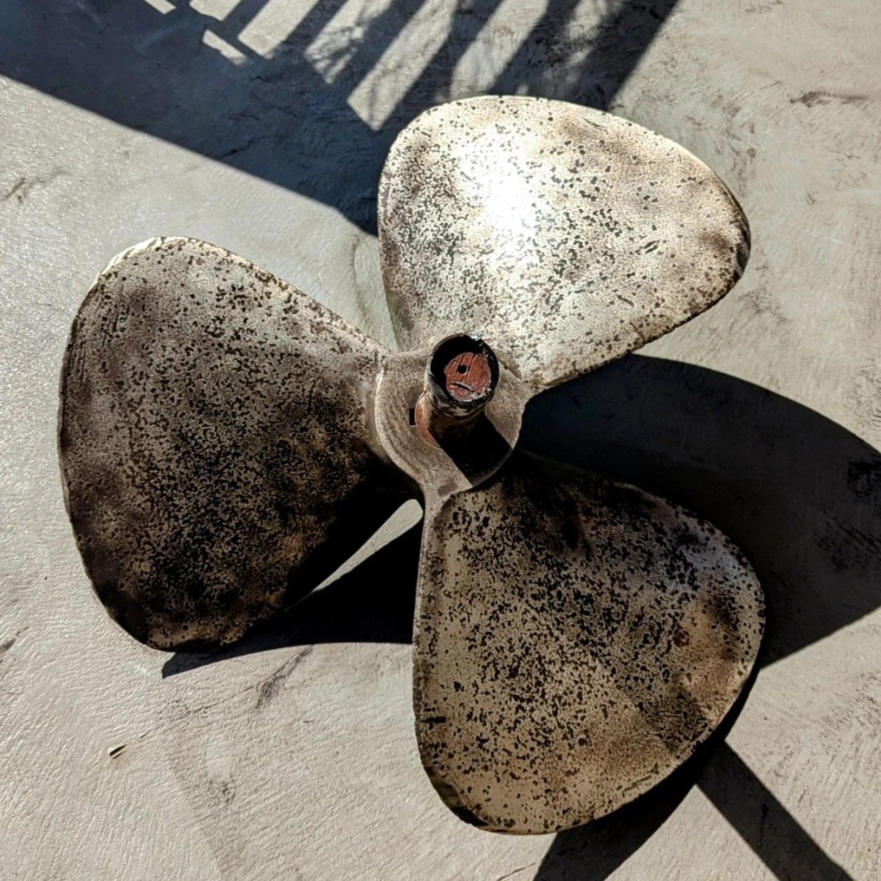 Bronze propeller gleaming in sunlight during polishing process