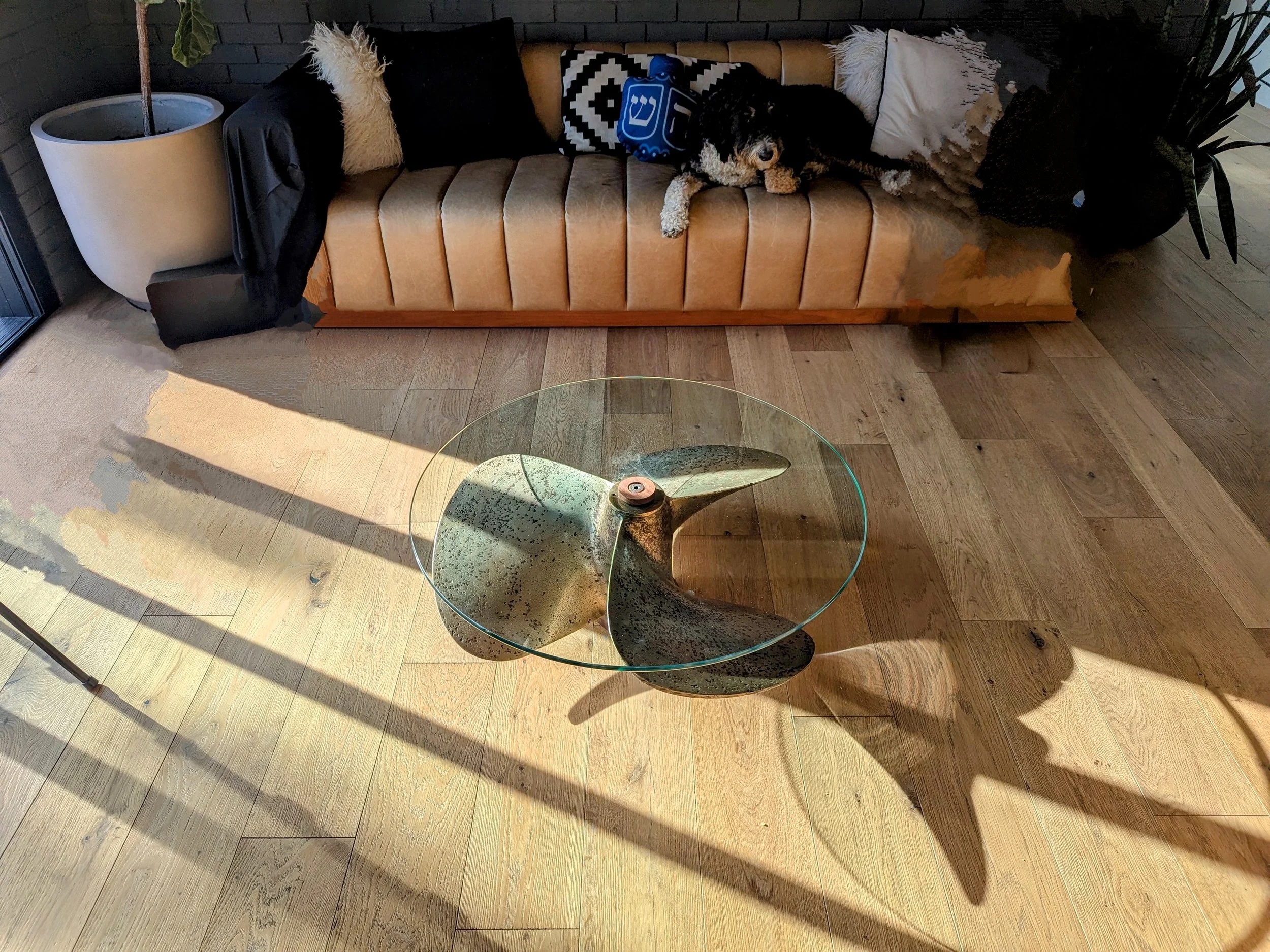 La Propela — bronze propeller coffee table with glass top, blade shadows on hardwood floor