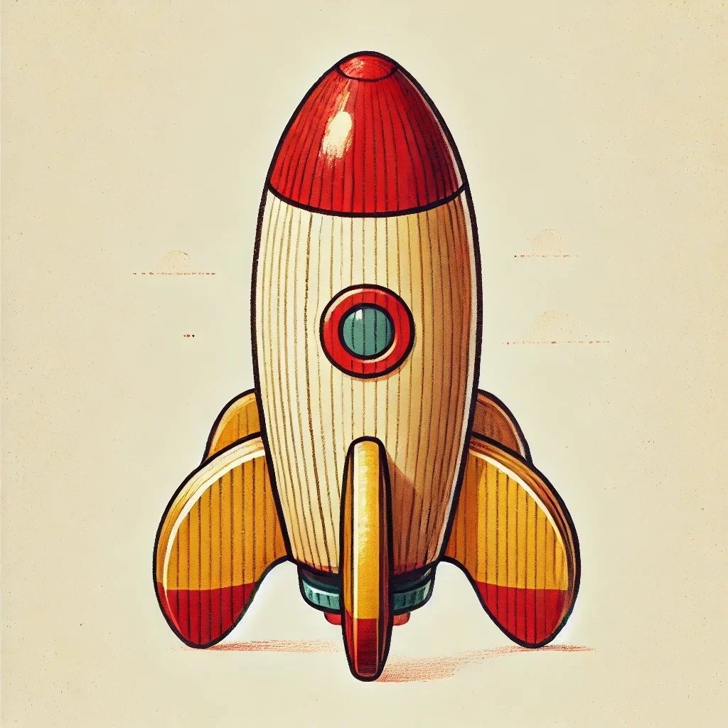 Curious George-style illustration of a wooden rocket toy