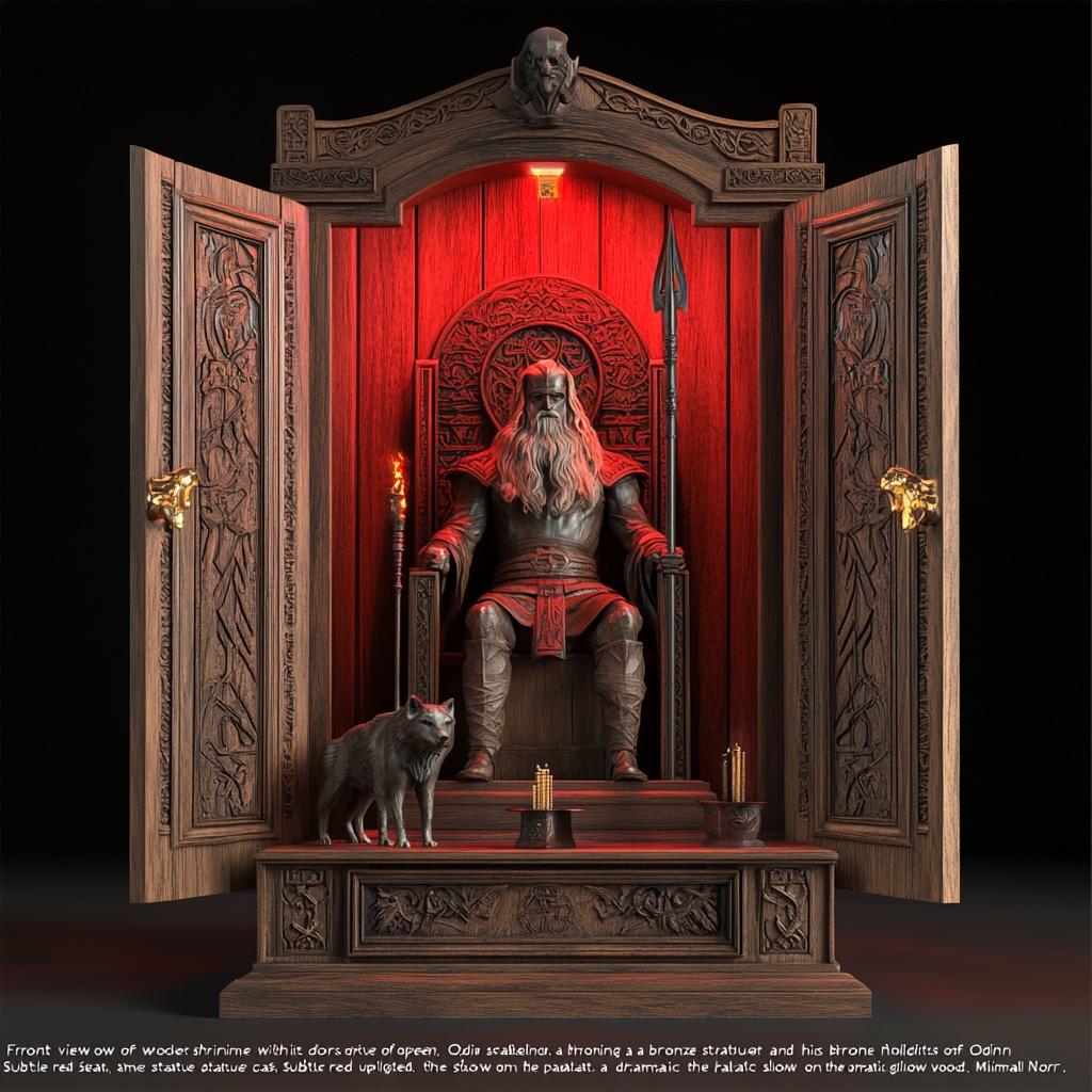 Early MidJourney concept — minimalist wooden altar with Norse and Celtic references