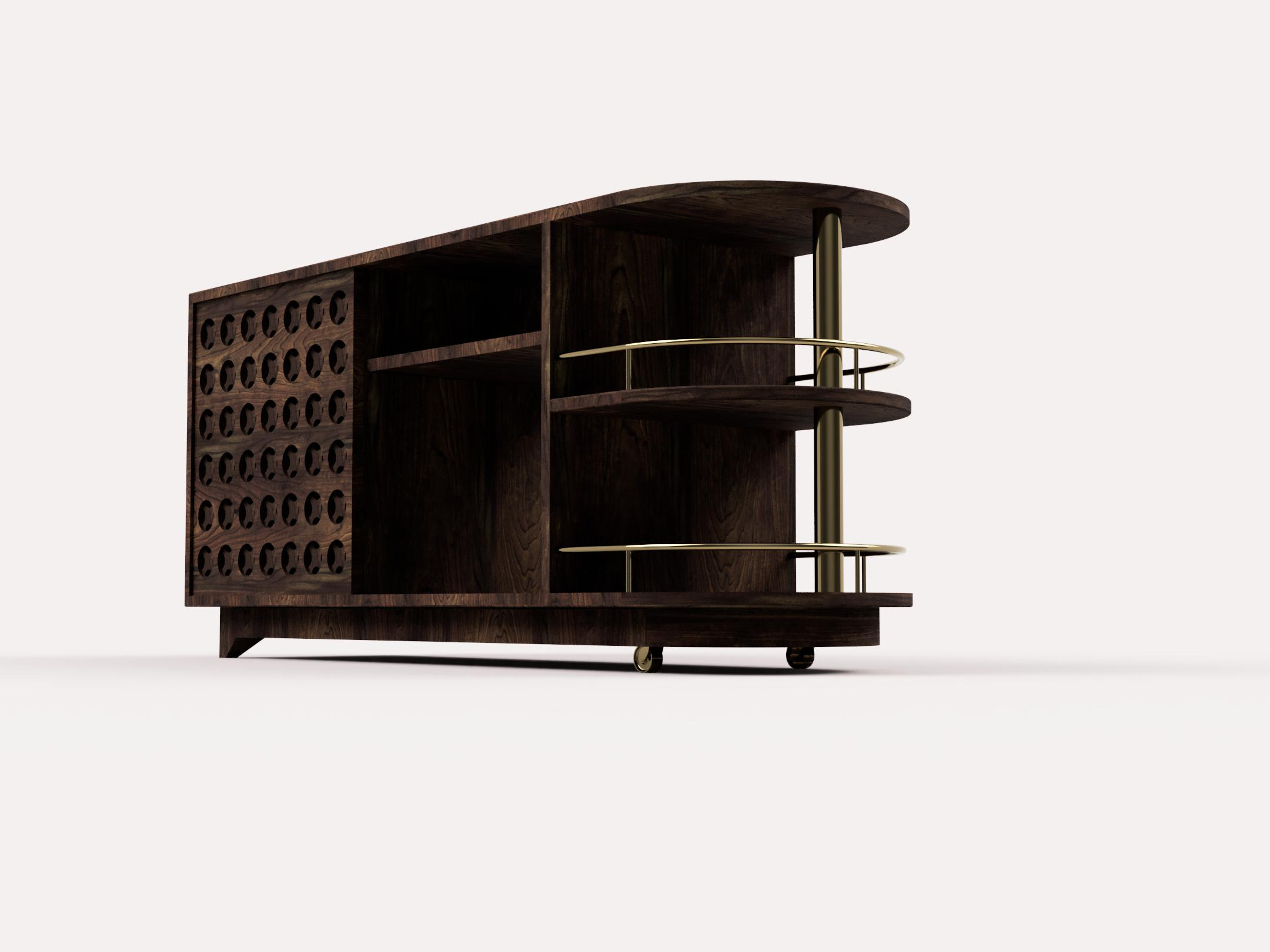 Brass detail render — the curved brass rail fence wrapping the open-shelving end of Brittney's Cart