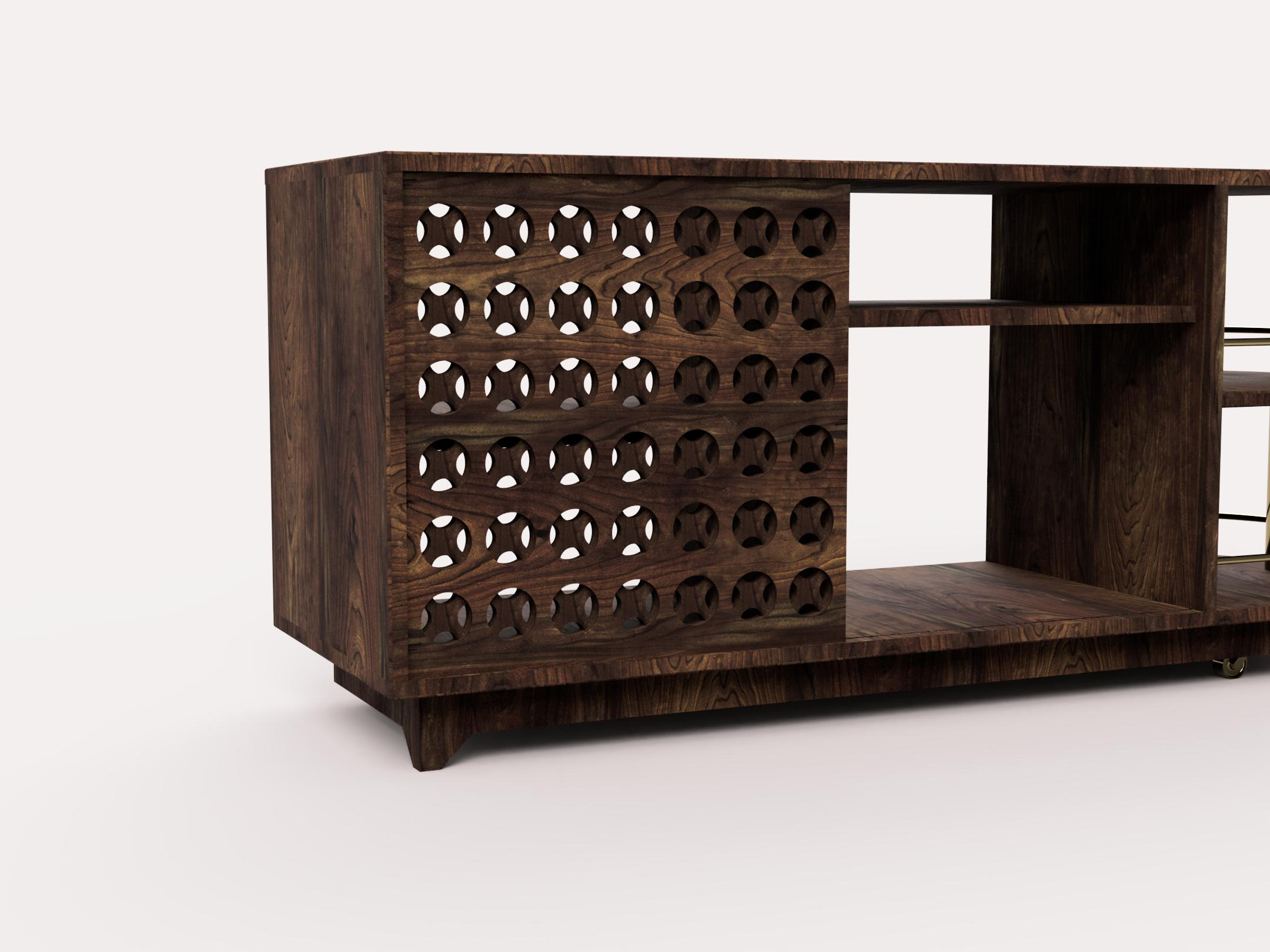 Pattern detail render — the CNC speaker-grille pattern on the walnut door panel, geometry filtering light