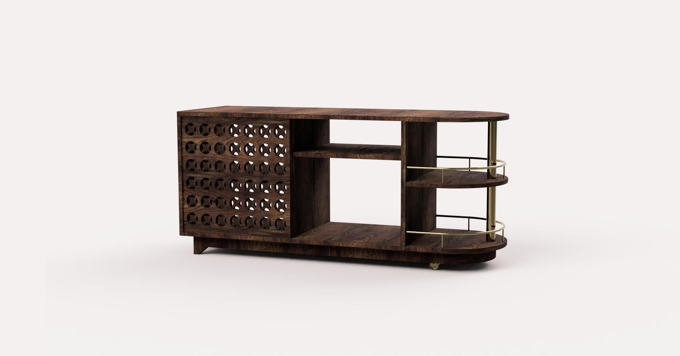 Brittney's Cart — walnut buffet/bar cart with CNC speaker-grille door and curved brass rail
