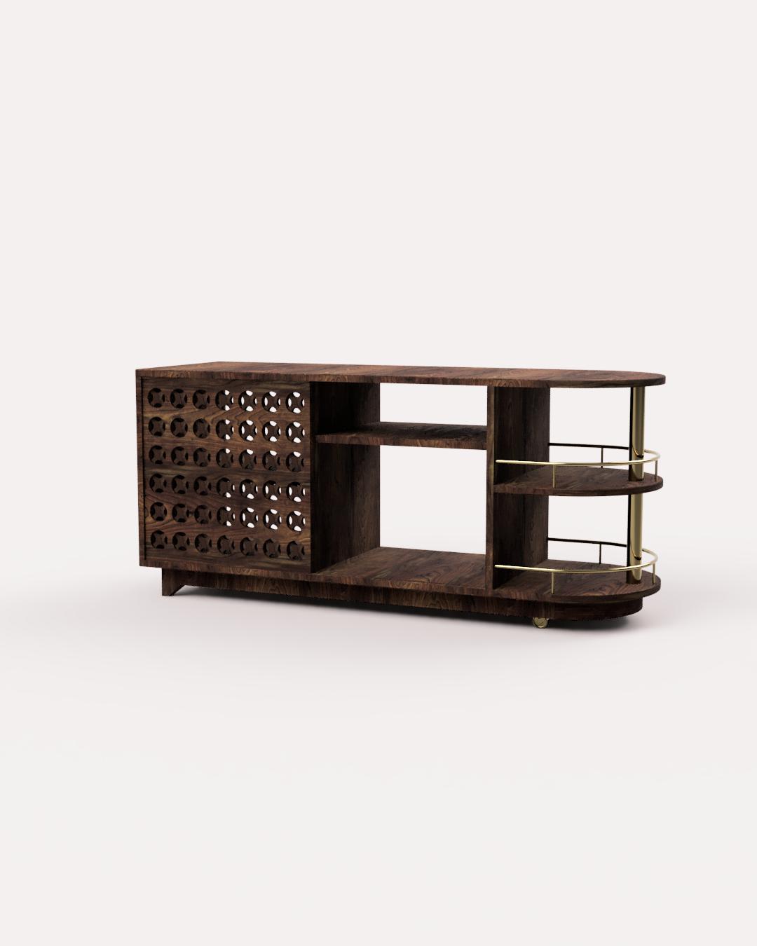 Brittney's Cart — walnut buffet/bar cart with CNC speaker-grille door and brass curved rail