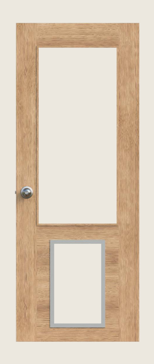 Fusion 360 render — the new white oak back door with single large window pane and oversized dog door for Jefe