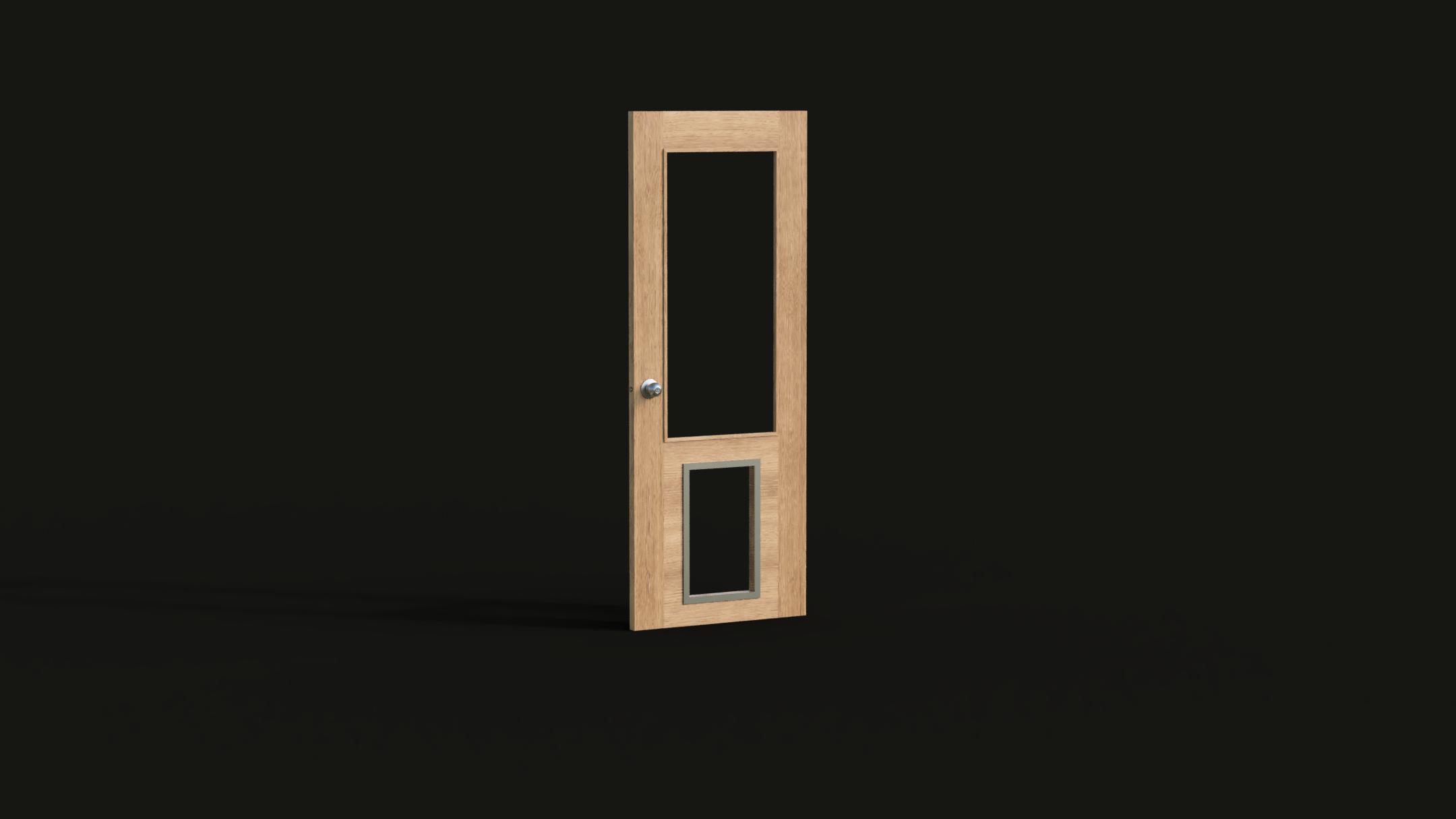 The Back Door — white oak exterior door with single large window and oversized dog door, built for Luis