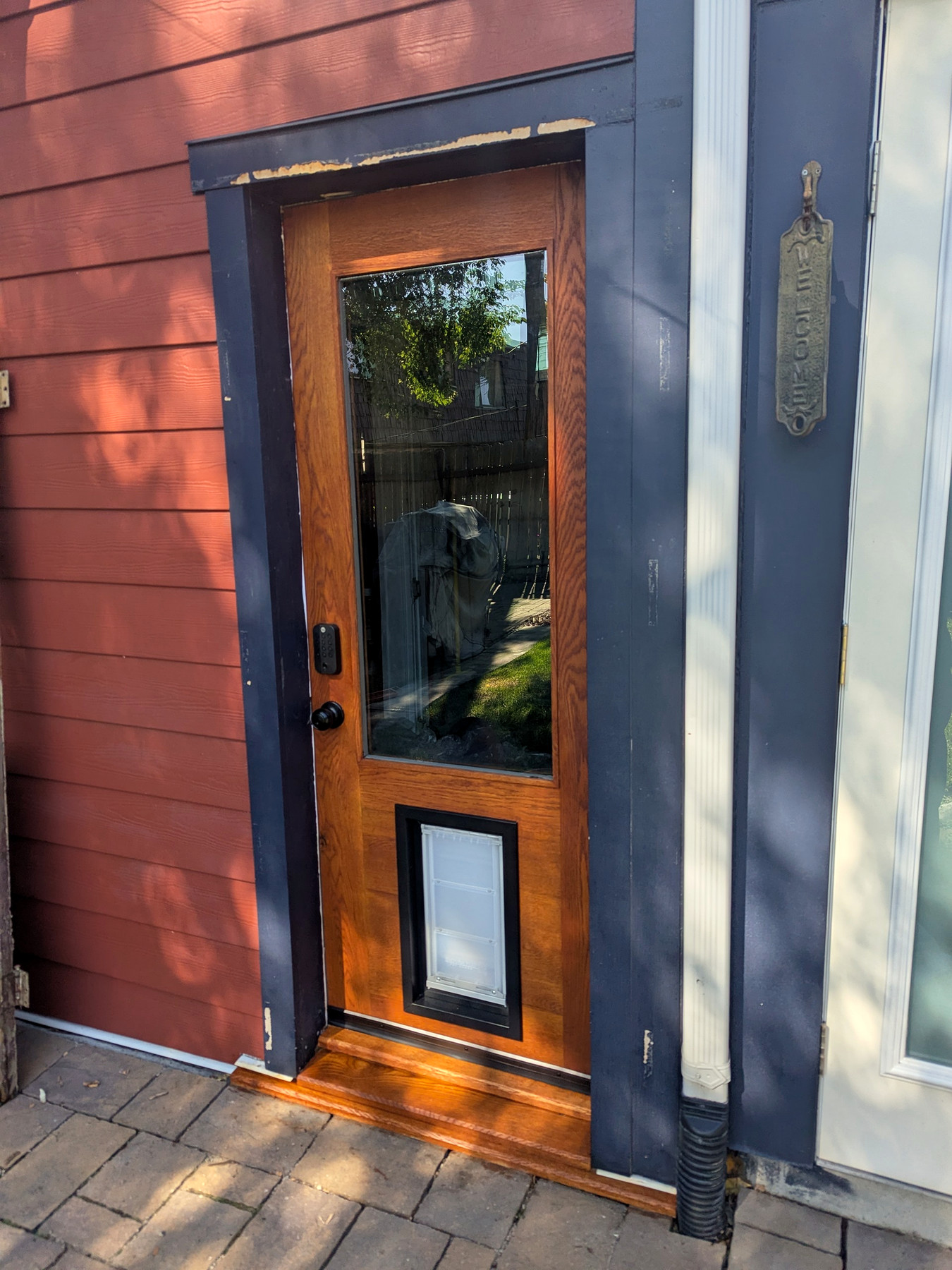 The finished white oak back door in late afternoon light — single pane of glass, oversized dog door, matte black hardware, set into the navy trim and red siding
