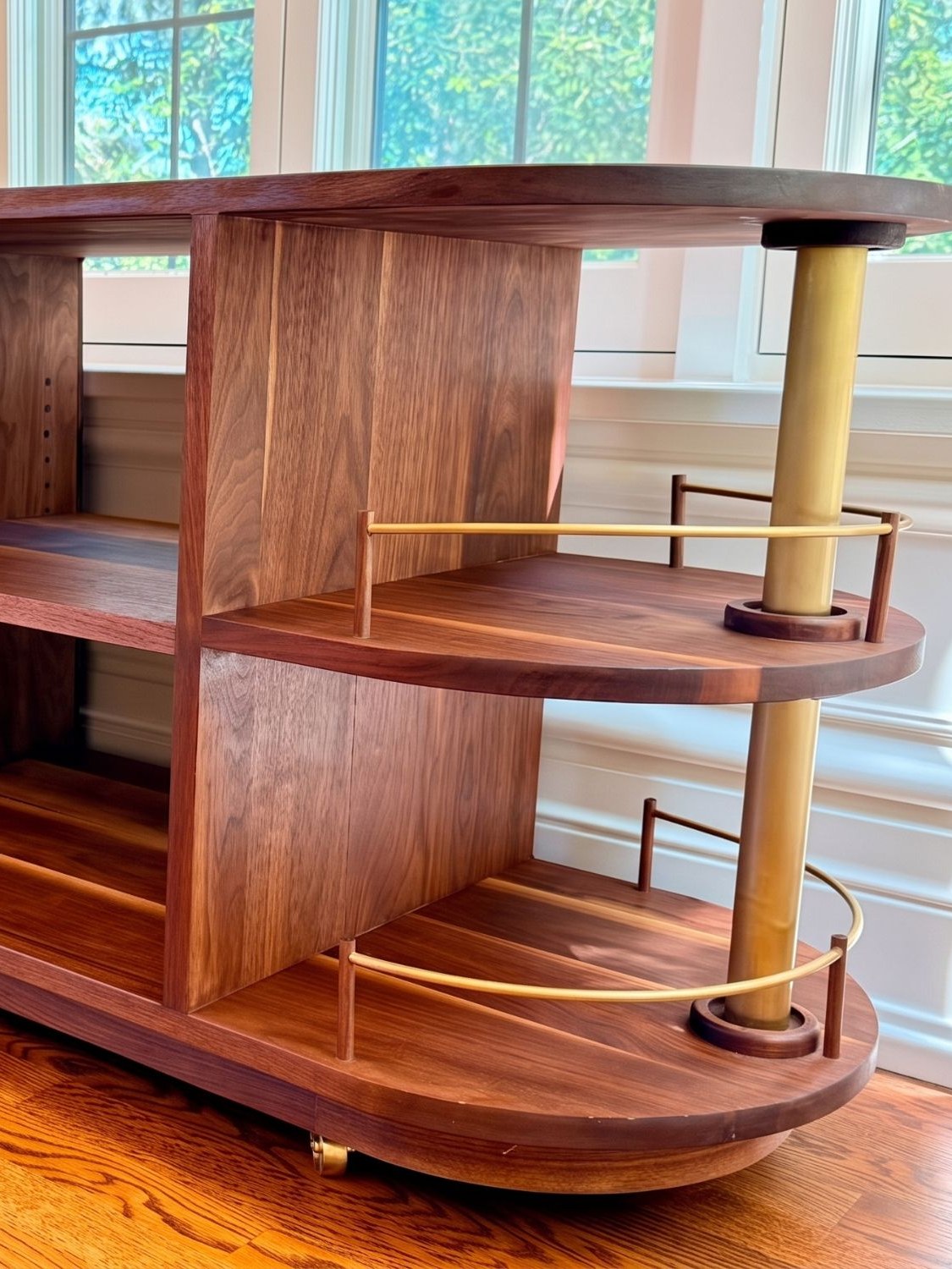 Brittney's Cart — walnut buffet with brass posts and curved brass rail, delivered