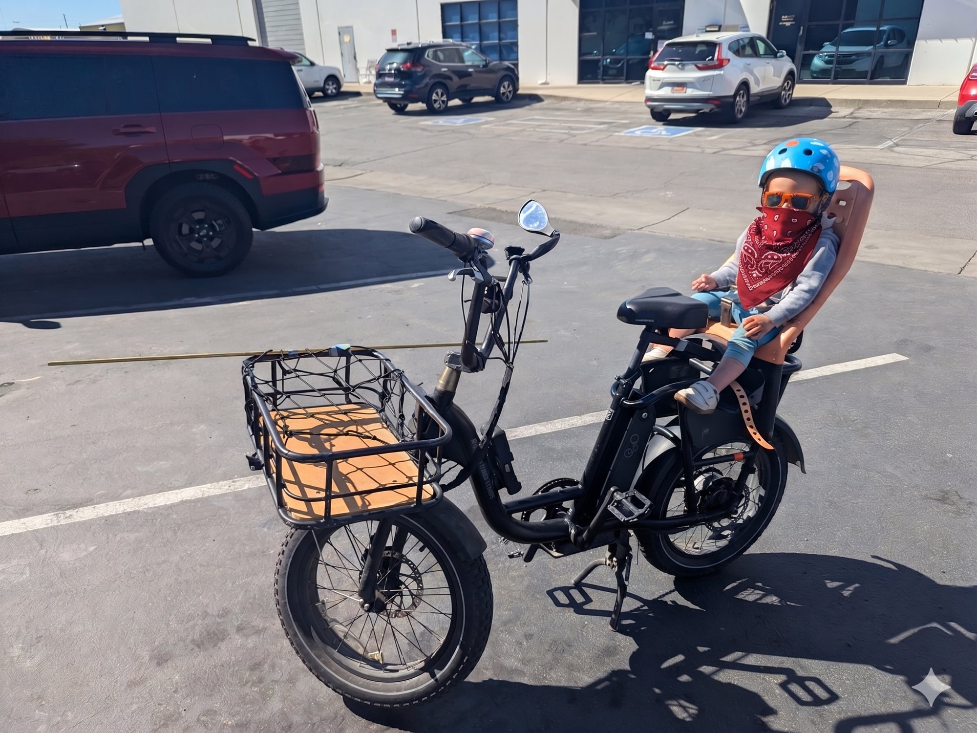 The brass run: cargo bike loaded with brass rod, the assistant in the back seat in sunglasses and a bandana