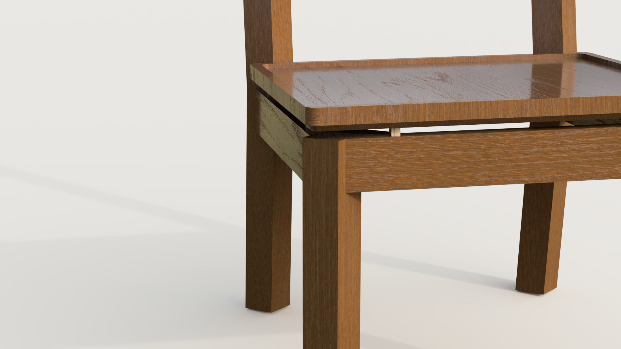 Close-up render of the seat corner: the shadow reveal under the floating seat and the square leg