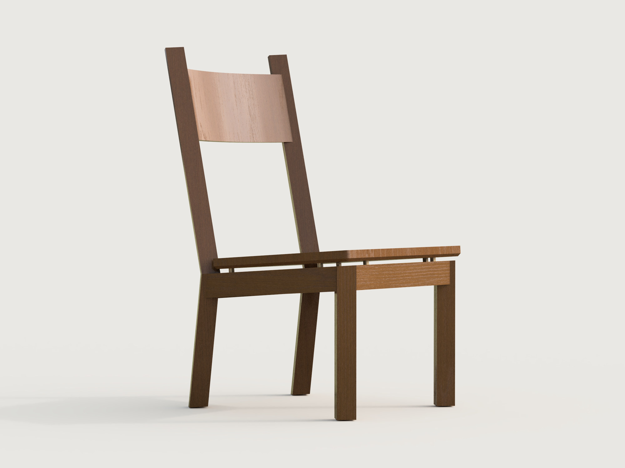 Three-quarter render from the side: raked rear legs, reclined back and the floating seat
