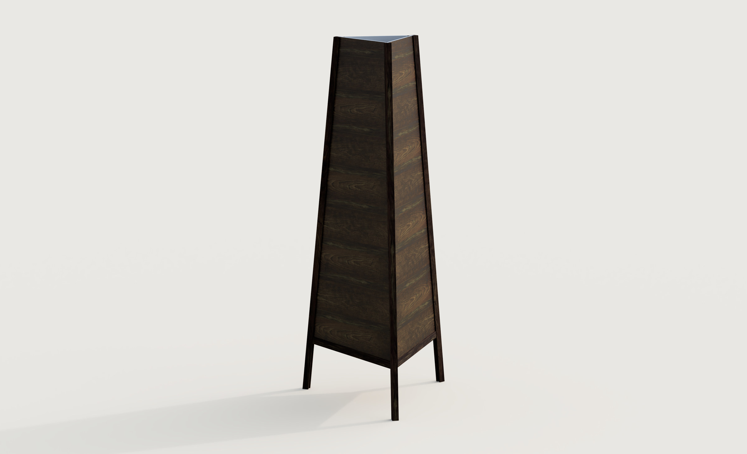 Thom's Kaleidoscope: Fusion 360 render of a tall three-sided tapering tower in dark wood veneer, standing on three slender walnut legs