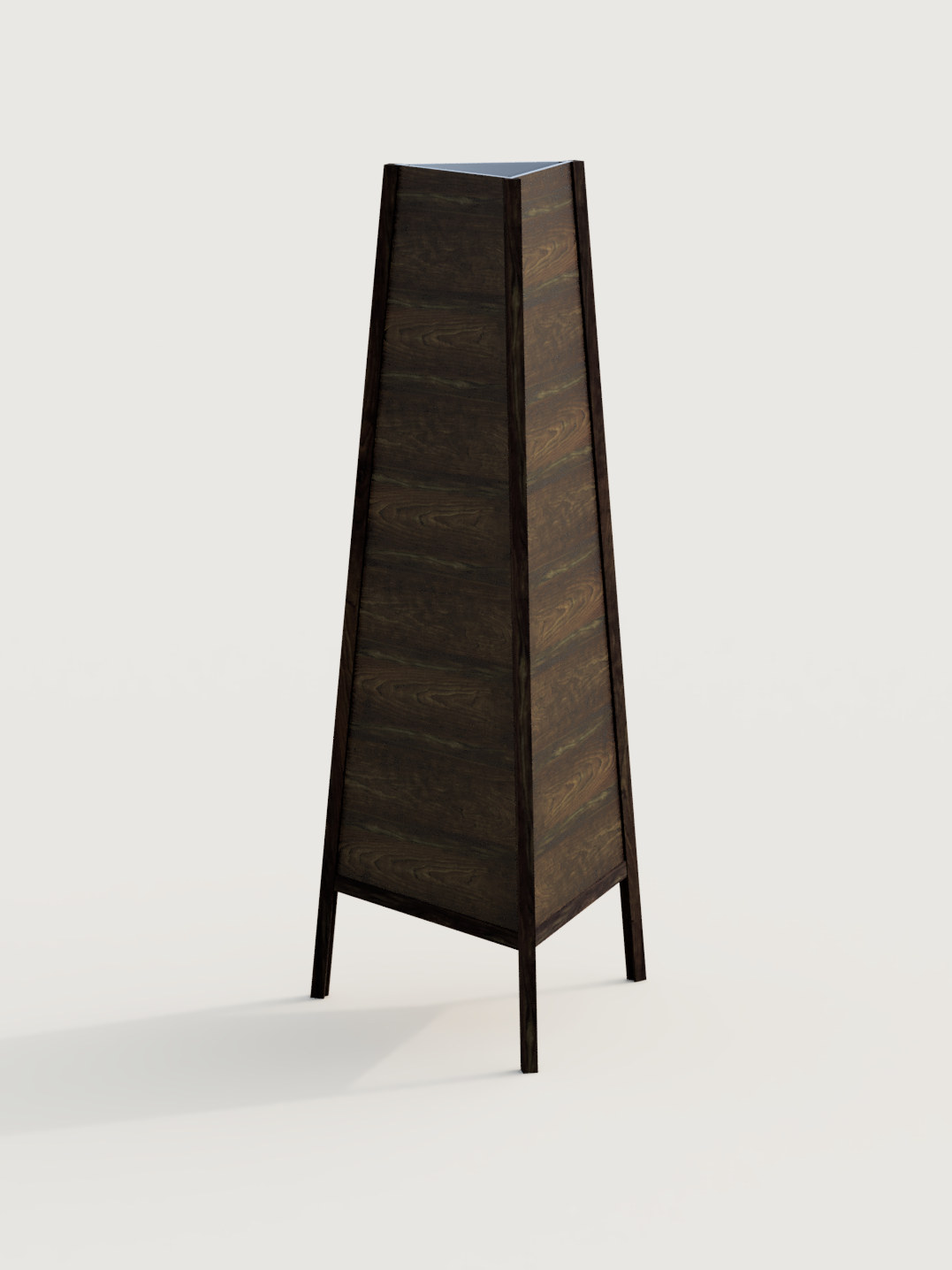 Thom's Kaleidoscope: a tall three-sided tapering tower on walnut legs