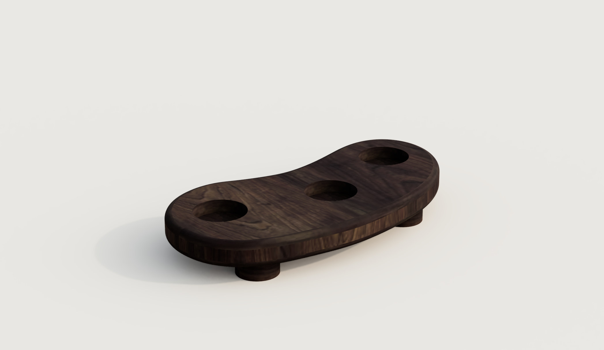 Yidaki: Fusion 360 render of a low bean-shaped walnut base with three round bell seats in a gentle arc, on turned feet